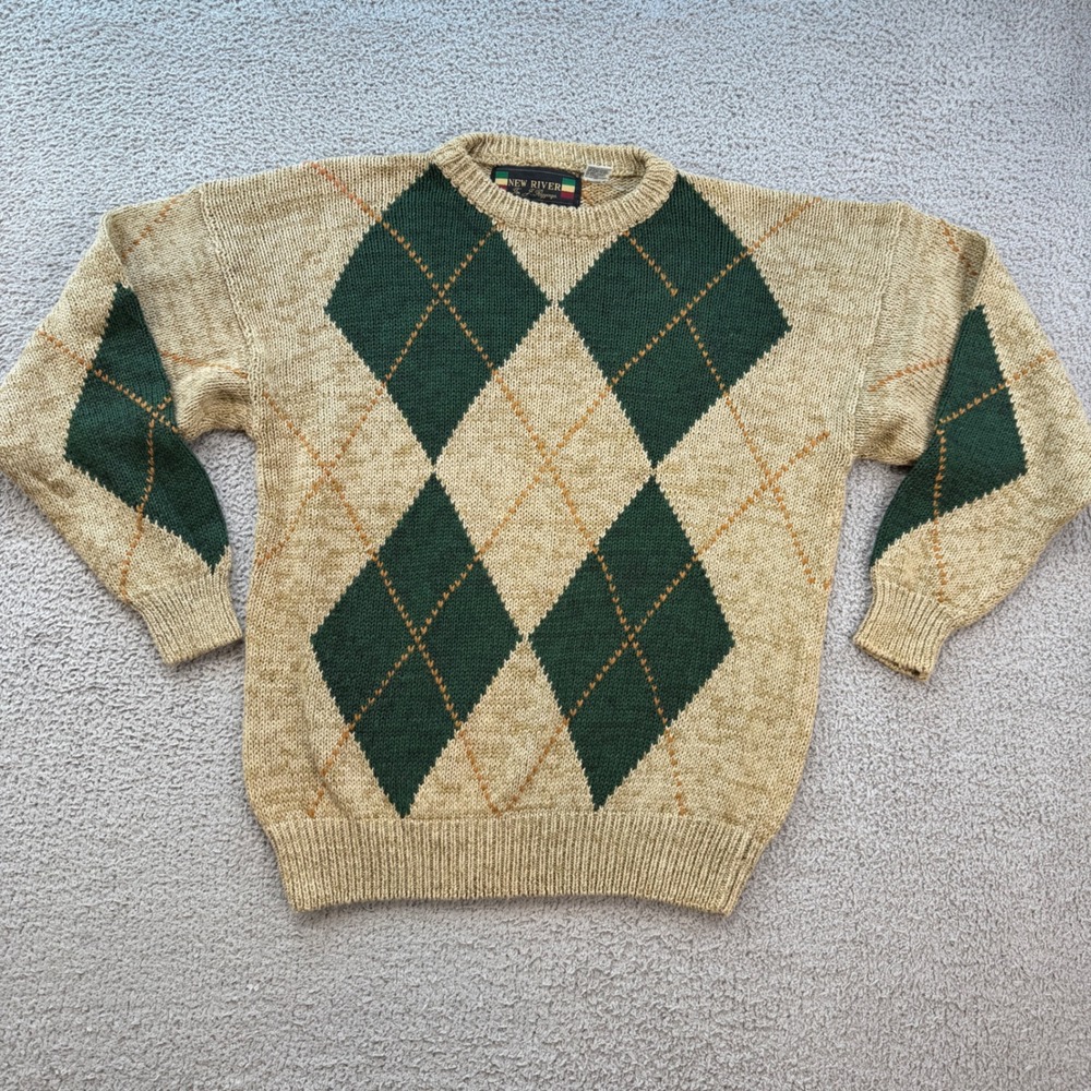 Vintage New River J Riggings Argyle Sweater Mens Large Tan Green Ramie Cotton